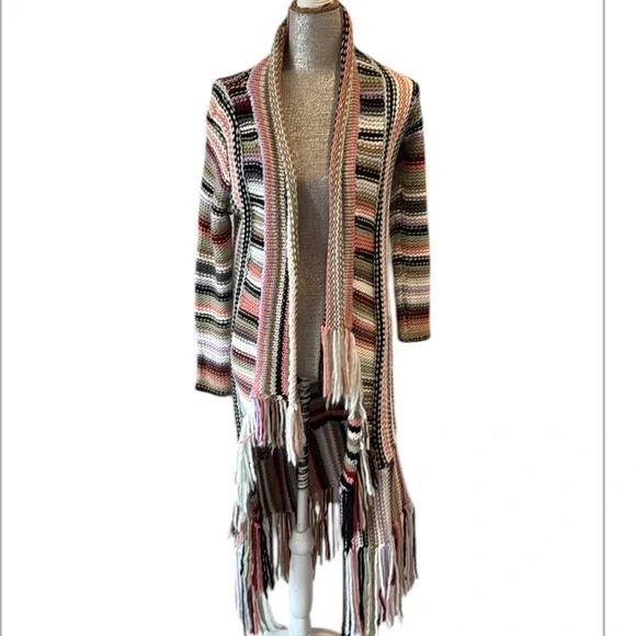 Boston Proper Fringed Ivory Multicolored Striped Open Duster Cardigan Size Small - Picture 4 of 15